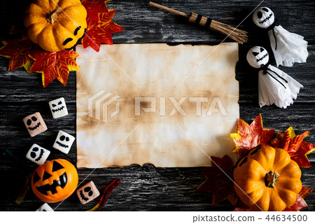 Top view of halloween craft on black wooden Top view of halloween craft on black wooden 44634500