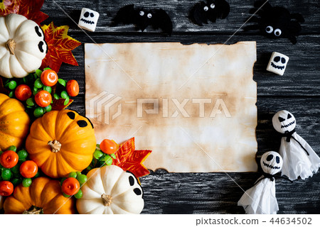Top view of halloween craft on black wooden 44634502