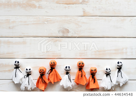 Top view of Halloween crafts on white wooden Top view of Halloween crafts on white wooden 44634548