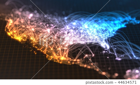 glowing city and human population density areas with bouncy line connections between them. 3d 44634571