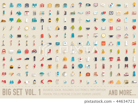 Flat collection set icons of business, social, eco, bank, farm, fashion, tool, medicine, travel 44634721