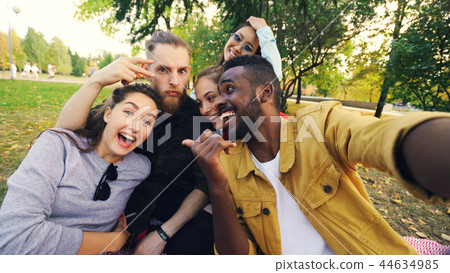 Multiracial group of friends is taking selfie in park sitting on blanket, posing and looking at 44634985