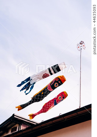 Colourful Japanese Carp fish flag moving in wind Colourful Japanese Carp fish flag moving in wind 44635093