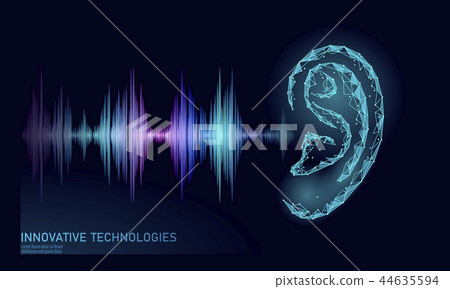 Sound recognition voice assistant low poly. Wireframe mesh polygonal 3D render ear sound radio wave 44635594