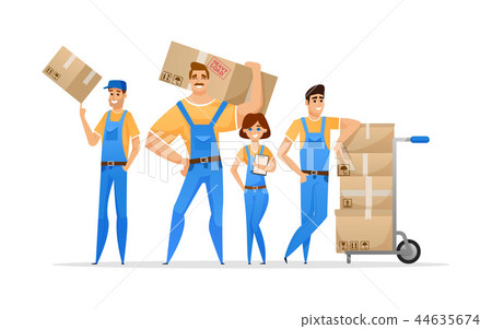 Cartoon loaders movers team with cardboard boxes Cartoon loaders movers team with cardboard boxes 44635674
