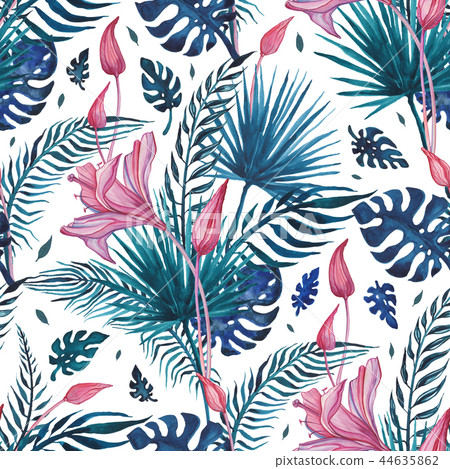 Beautiful Tropical flowers, seamless pattern. Watercolor hand drawn illustration, exotic background Beautiful Tropical flowers, seamless pattern. Watercolor hand drawn illustration, exotic background 44635862