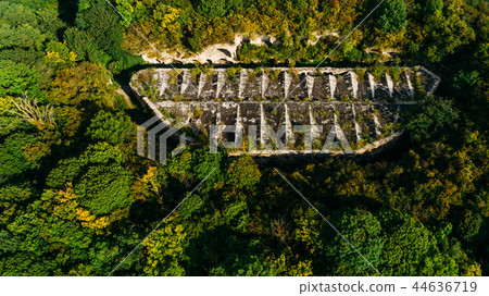 Aerial view of beautiful ancient fortress in forest in summer. Tarakaniv Fort. 44636719