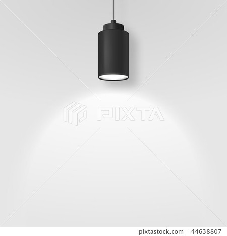 Vector Realistic 3d Black Spotlight, Hang Ceiling Lamp or Chandelier on Rope Illuminating the Wall 44638807