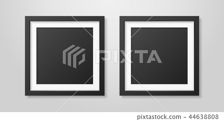 Two Vector Realistic Mofern Interior Black Blank Square Wooden Poster Picture Frame Set Closeup on 44638808