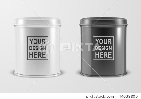 Vector Realistic 3d White and Black Blank Metal Tin Can Container Set Closeup Isolated on White 44638809