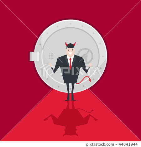 Devil businessman standing in front of a safe door Devil businessman standing in front of a safe door 44641944