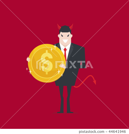 Devil businessman holding golden coin in hand. Devil businessman holding golden coin in hand. 44641946