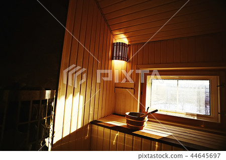 sauna, wooden interior baths, wooden benches and loungers accessories for sauna, spa complex in the hotel sauna, wooden interior baths, wooden benches and loungers accessories for sauna, spa complex in the hotel 44645697