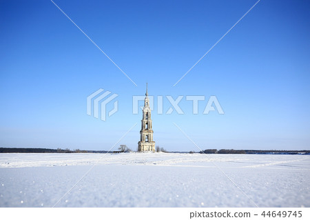 Kalyazin church / panoramic view Orthodox church on the island, russian landscape 44649745