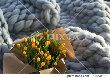 bouquet of spring wild flowers yellow background / crocuses in a beautiful spring bouquet, female gift, background with flowers 44650356
