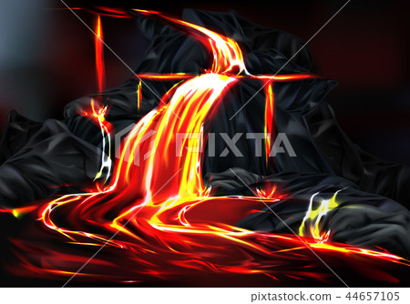 Hot lava flow during volcanic activity vector 44657105