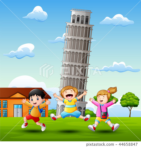 Cartoon happy kids in front of pisa tower backgrou 44658847