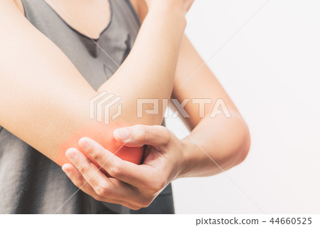 women elbow pain injury with red highlights women elbow pain injury with red highlights 44660525