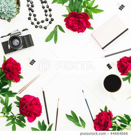 Workplace with copy space of pink dairy, red peony 44664666
