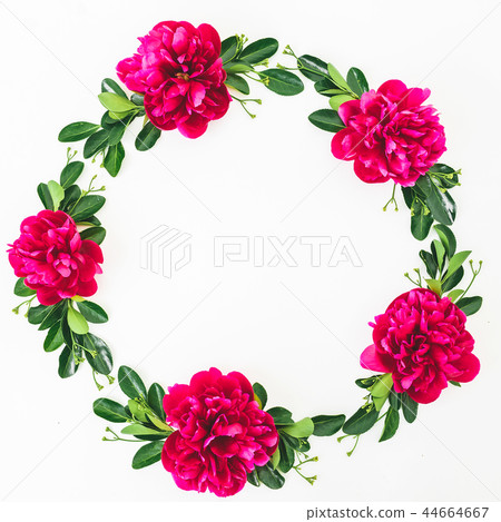 Round frame of red peonies flowers and leaves Round frame of red peonies flowers and leaves 44664667
