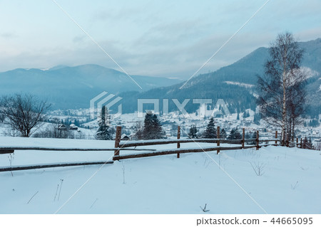 Daybreak winter Carpathian mountain village Zelene 44665095