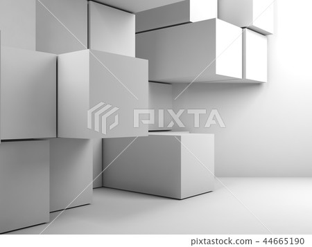 Cubes installation in empty room. 3d render Cubes installation in empty room. 3d render 44665190