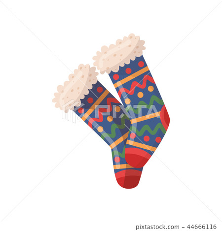 Cute knitted woolen socks with colorful pattern and white fur. Warm winter garment for the foot 44666116