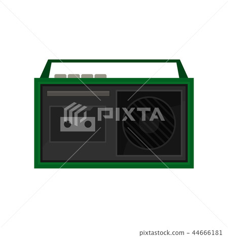 Old portable tape recorder with buttons and handle on top. Vintage green radio. Retro cassette 44666181