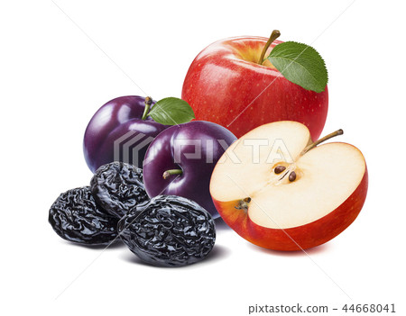 Red apple, purple fresh and dried plums isolated Red apple, purple fresh and dried plums isolated 44668041