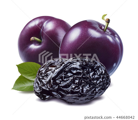Fresh and dried plums isolated on white background Fresh and dried plums isolated on white background 44668042