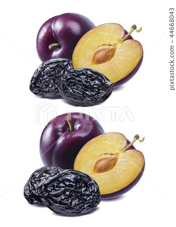 Fresh and dried plum set isolated on white  44668043
