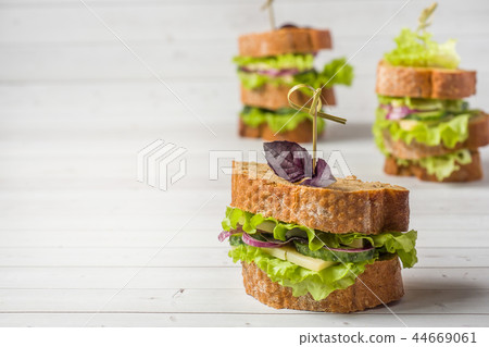 Sandwiches with cheese, cucumbers and onions  44669061