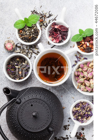 Various tea and teapot. Black, green and red tea 44672086