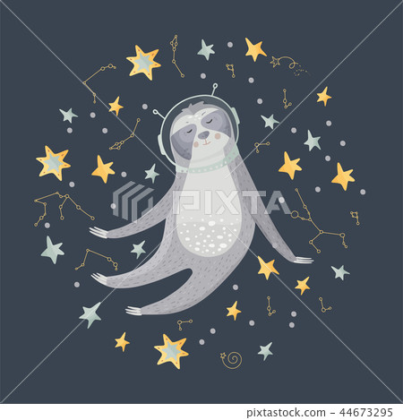 Cute cartoon sloth flying in open space Cute cartoon sloth flying in open space 44673295