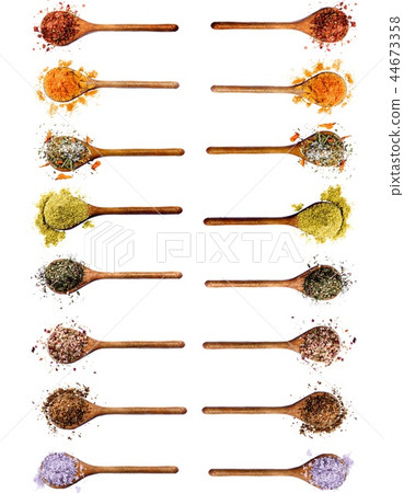 Collection of Spices in Wooden Spoons Collection of Spices in Wooden Spoons 44673358