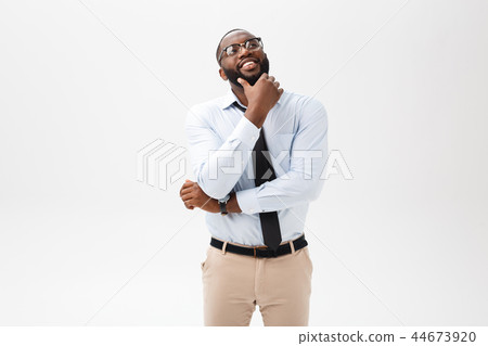 business man African American with glasses thinks on isolated white background 44673920