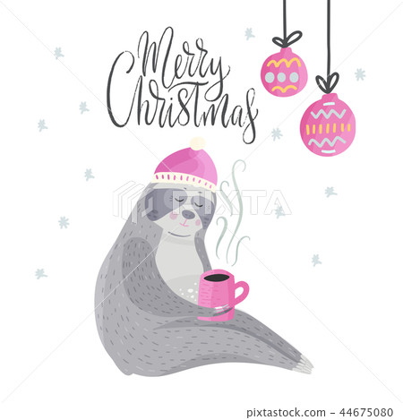 Merry Christmas card with cute cartoon sloth. Merry Christmas card with cute cartoon sloth. 44675080