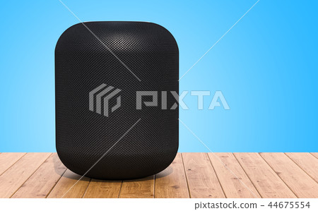 Smart speaker on the wooden table, 3D rendering Smart speaker on the wooden table, 3D rendering 44675554