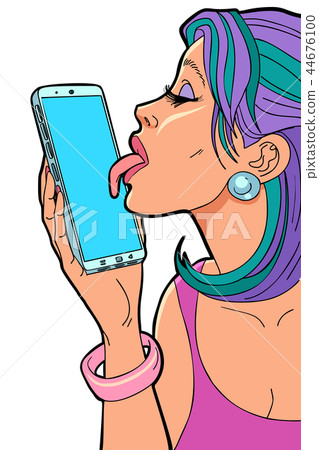 A woman loves a smartphone, licks screen A woman loves a smartphone, licks screen 44676100