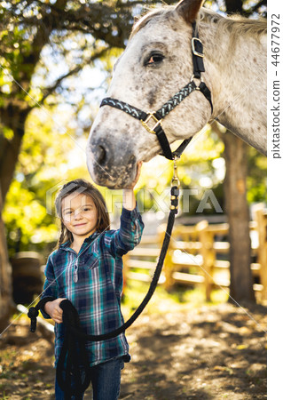 in a beautiful Autumn season of a young girl and horse in a beautiful Autumn season of a young girl and horse 44677972