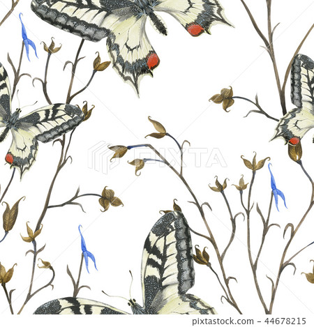 Watercolor pattern Machaon butterfly and Aconitum Watercolor pattern Machaon butterfly and Aconitum 44678215