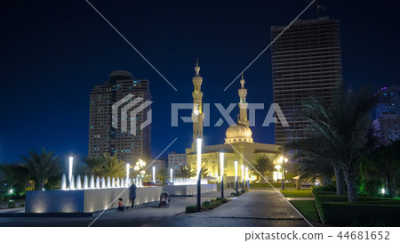 Al Noor Mosque in Sharjah at night timelapse. United Arab Emirates 44681652