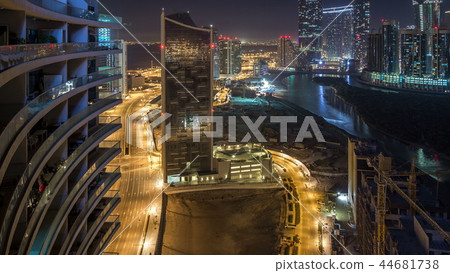 Buildings on Al Reem island in Abu Dhabi night timelapse from above. Buildings on Al Reem island in Abu Dhabi night timelapse from above. 44681738