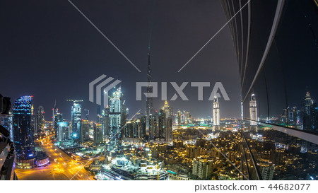 Dubai downtown cityscape with Burj Khalifa, LightUp light show aerial timelapse Dubai downtown cityscape with Burj Khalifa, LightUp light show aerial timelapse 44682077