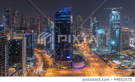 Dubai business bay towers night timelapse aerial Dubai business bay towers night timelapse aerial 44682078