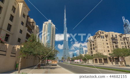 Walking on Dubai street Dubai Skyline timelapse hyperlapse. Residential and Business Skyscrapers in Downtown 44682155