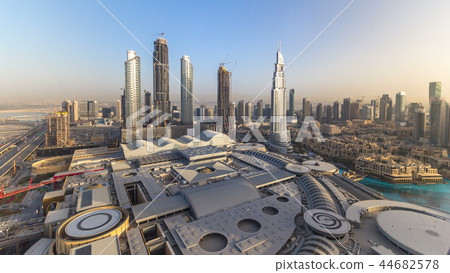 Dubai downtown during all day timelapse. Top view from above Dubai downtown during all day timelapse. Top view from above 44682578
