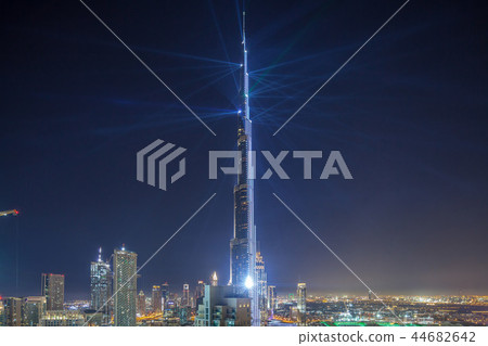 Dubai downtown cityscape with Burj Khalifa, LightUp light show aerial timelapse Dubai downtown cityscape with Burj Khalifa, LightUp light show aerial timelapse 44682642