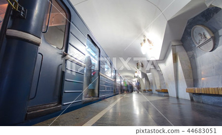 An underground train departing from Pushkinska metro station on Saltivska Line of Kharkiv metro timelapse hyperlapse An underground train departing from Pushkinska metro station on Saltivska Line of Kharkiv metro timelapse hyperlapse 44683051