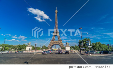 Eiffel Tower with bridge over Siene river in Paris timelapse hyperlapse, France 44683137